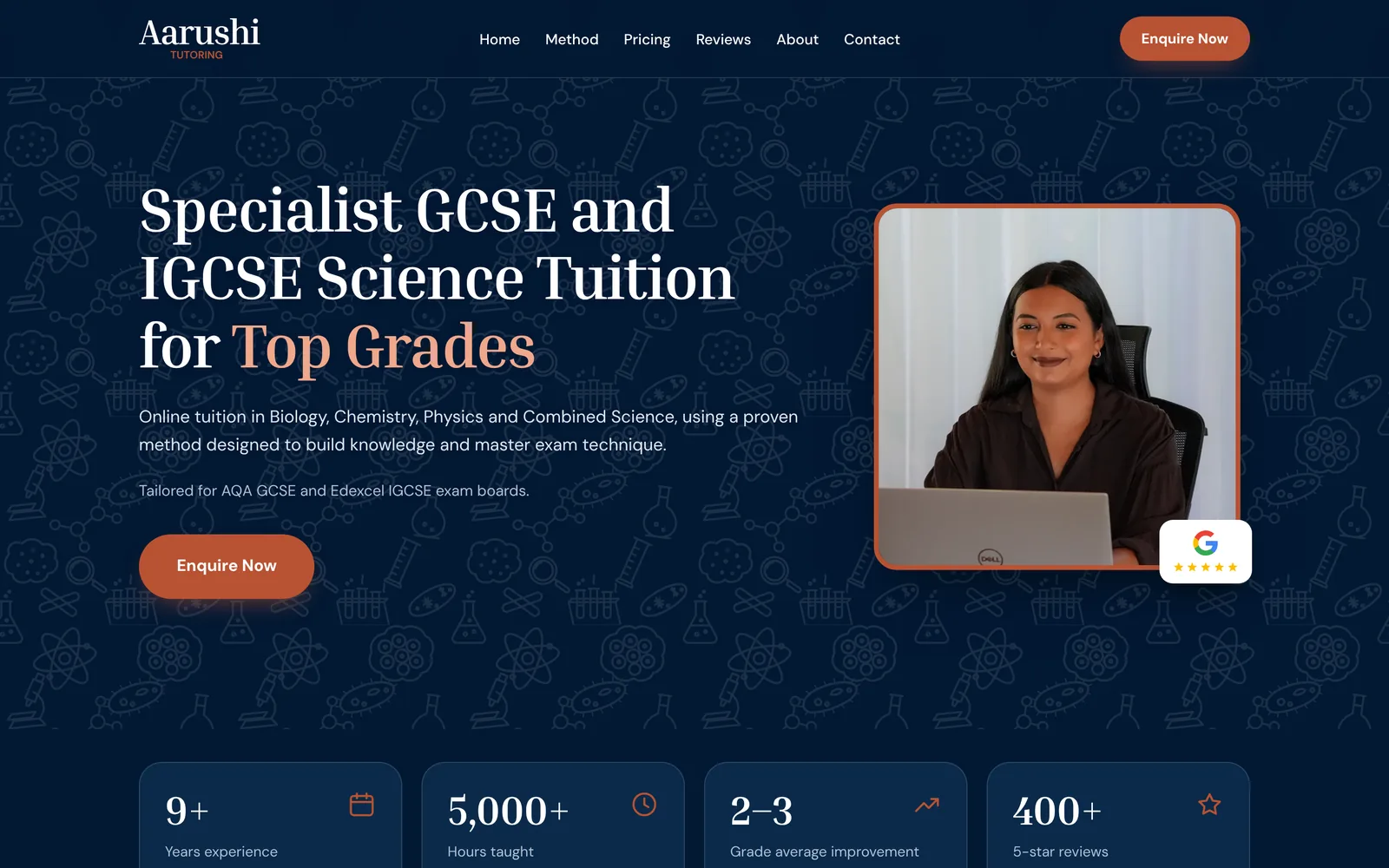 Aarushi tutoring website homepage