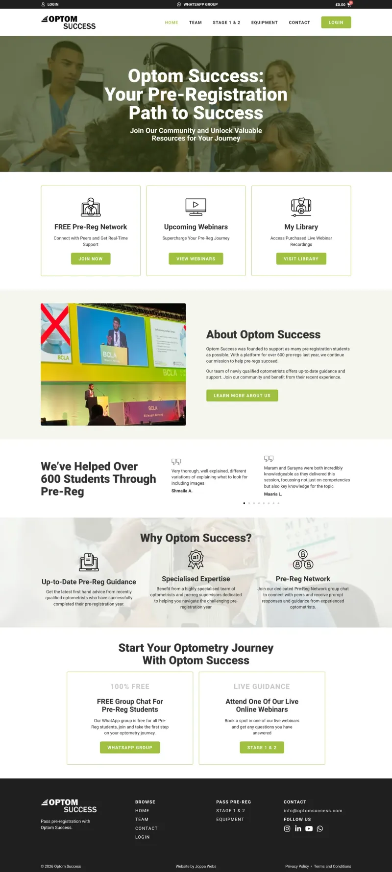 Full Optom Success homepage, top to bottom