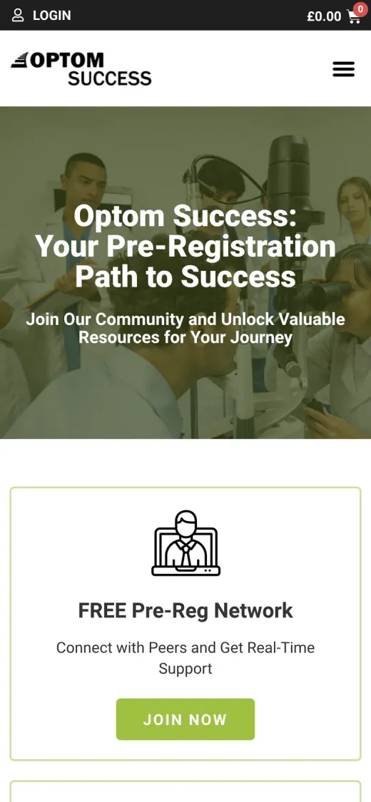 Optom Success homepage on a phone